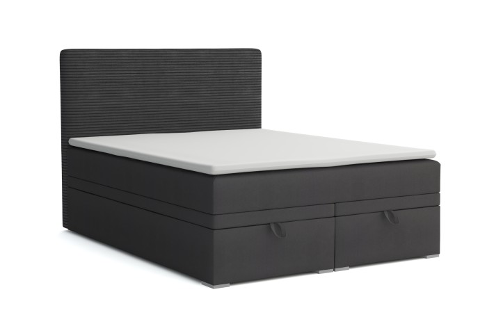 Antracietkleurig boxspringbed met twee ruime bedbakken en witte topper.