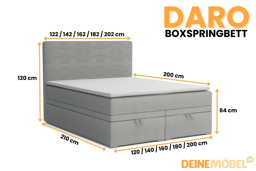 Afmetingen voor het boxspringbed Daro: Overzicht van de beschikbare maten, breedtes en bedhoogtes.