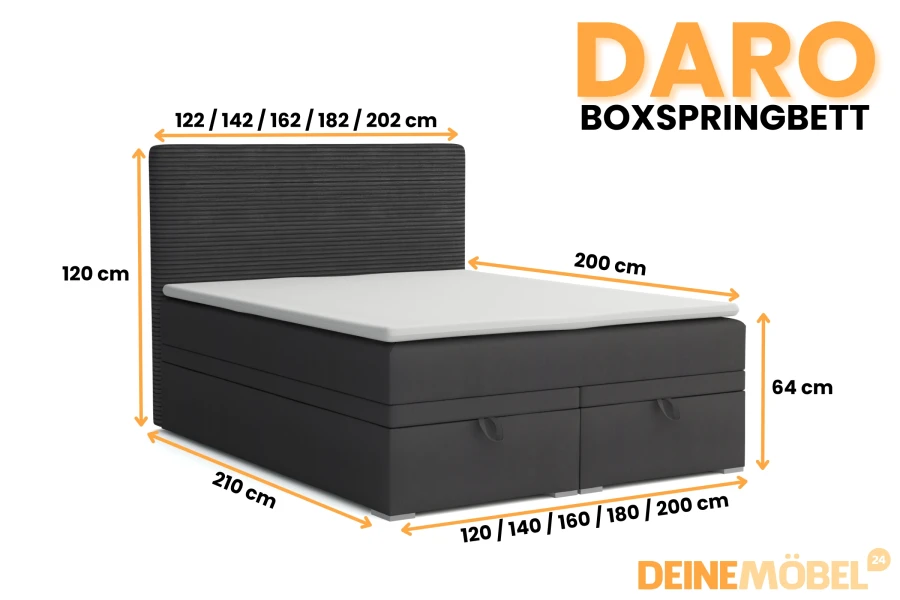 Afmetingen boxspringbed Daro: Verschillende breedtes van 120 tot 200 cm, diepte 210 cm en hoogte 120 cm.