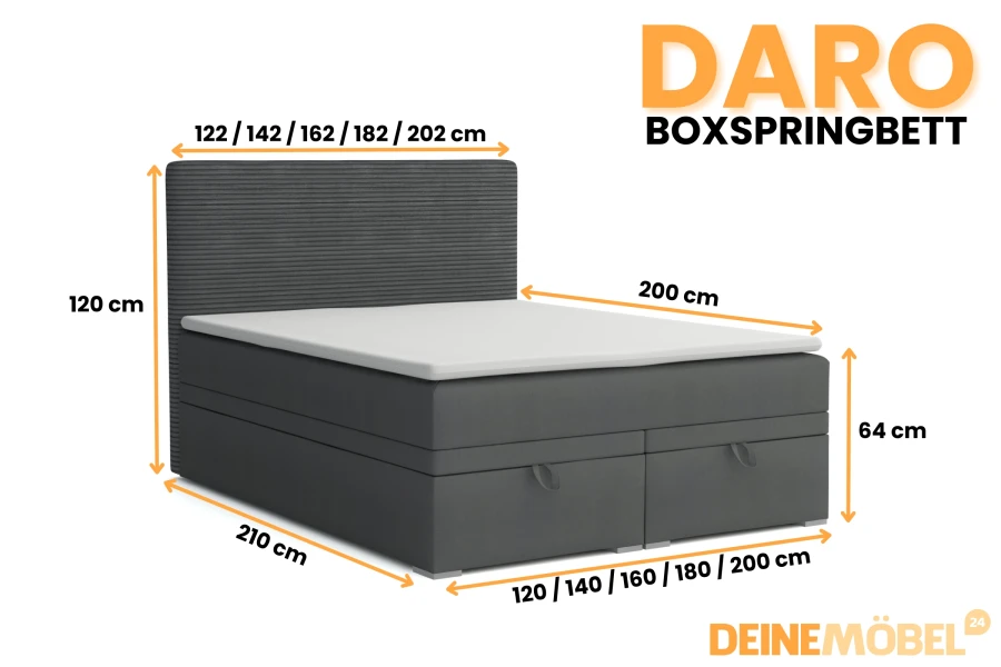 Maten en afmetingen van het DARO boxspringbed: hoogtes, lengtes en verschillende beschikbare breedtes.