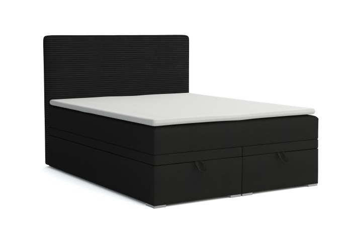 Modernes Boxspringbett in Schwarz mit gestreiftem Kopfteil und Topper.