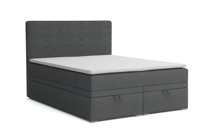 Donkergrijs gestoffeerd bed met gestreept hoofdbord, witte topper en geïntegreerde opbergruimte.
