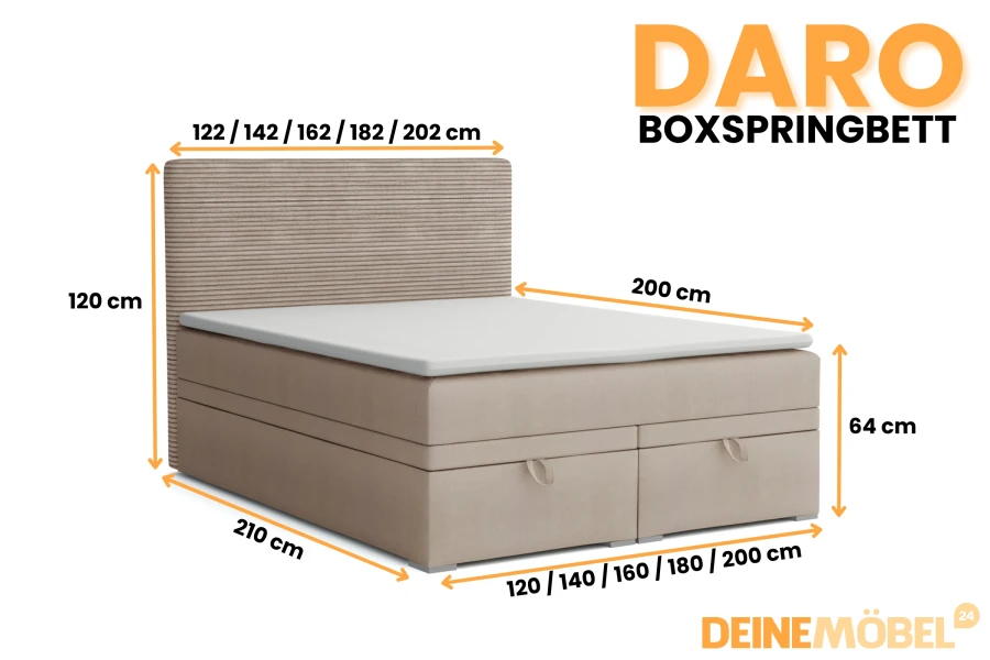 Abmessungen des DARO Boxspringbetts inklusive Kopfteilhöhe und Liegeflächenoptionen.