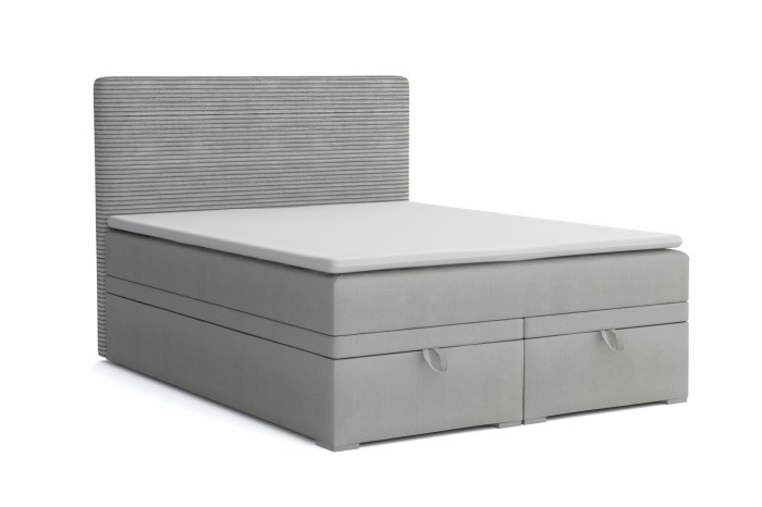 Grey boxspring bed with ribbed headboard and two bed boxes on a white background.