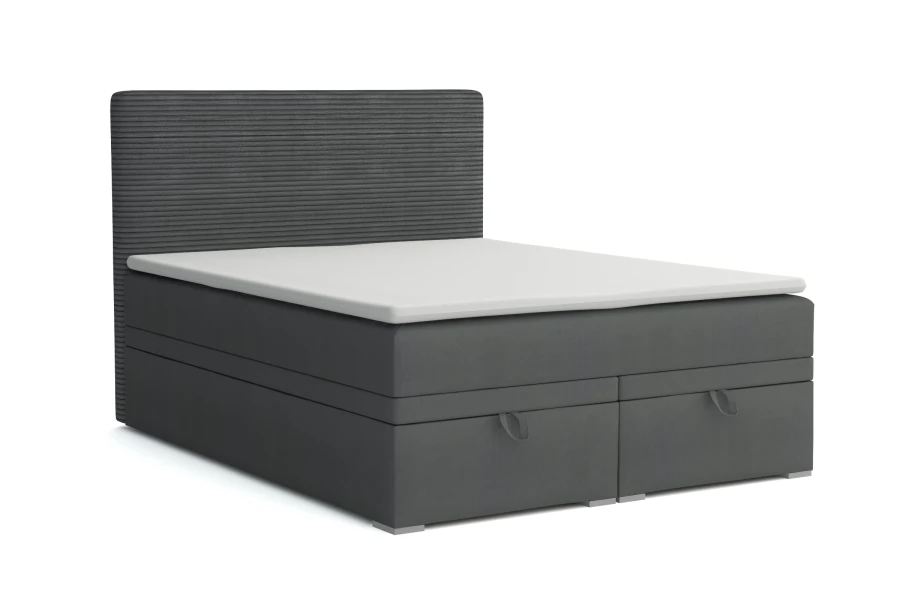 Anthracite-coloured box spring bed with ribbed headboard and storage box