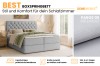 Productdetails boxspringbed: stofstaal lichtgrijs, bedbak-functie en koudschuimtopper.