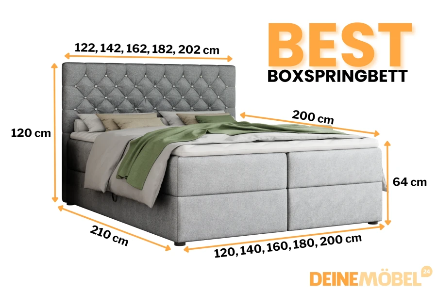 Afmetingen van het boxspringbed: detailweergave van de beschikbare maten en bedhoogtes.