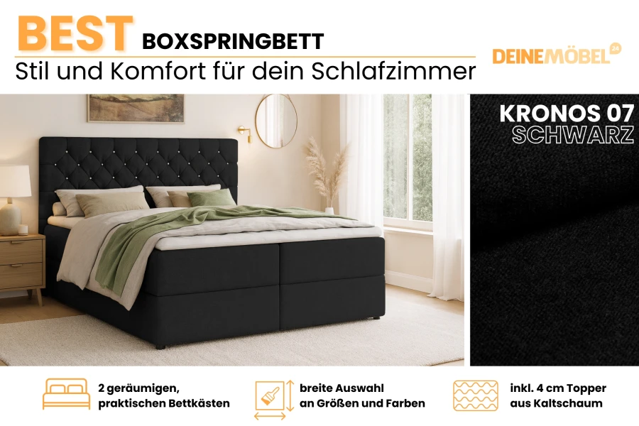 Boxspringbed Kronos 07 in zwart met informatie over opbergruimte, kleurkeuze en topper.