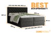 Gedetailleerde afmetingen voor het zwarte boxspringbed met gestoffeerd hoofdbord en opbergruimte.