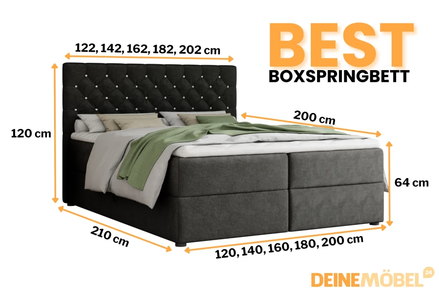 Gedetailleerde afmetingen voor het zwarte boxspringbed met gestoffeerd hoofdbord en opbergruimte.