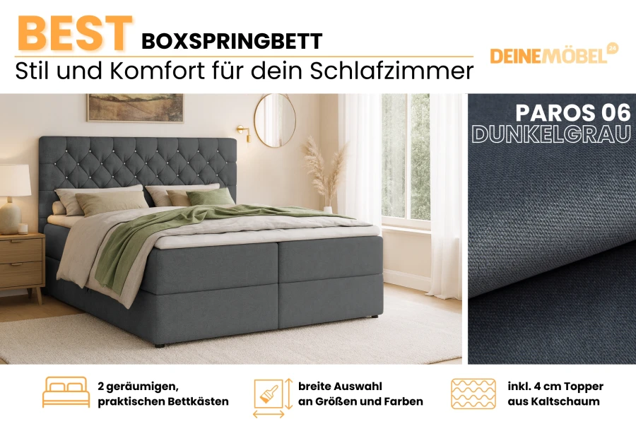Dunkelgraues Boxspringbett BEST von DeineMöbel24 mit gestepptem Kopfteil im Schlafzimmer Ambiente.