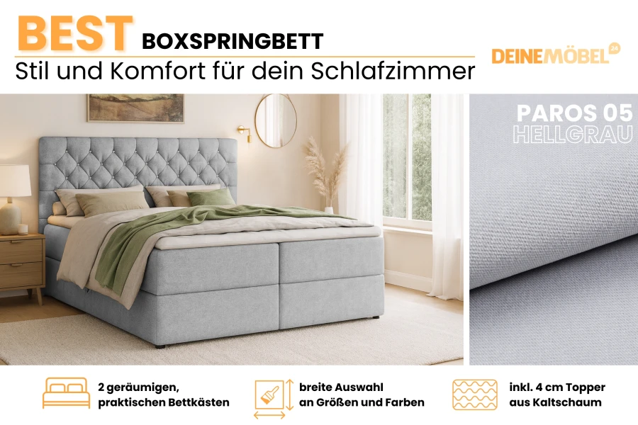 Productoverzicht boxspringbed BEST in lichtgrijs met highlights en stofstaal.