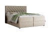 Modern beige boxspringbed met gestoffeerd hoofdbord en groene sprei op een witte achtergrond.