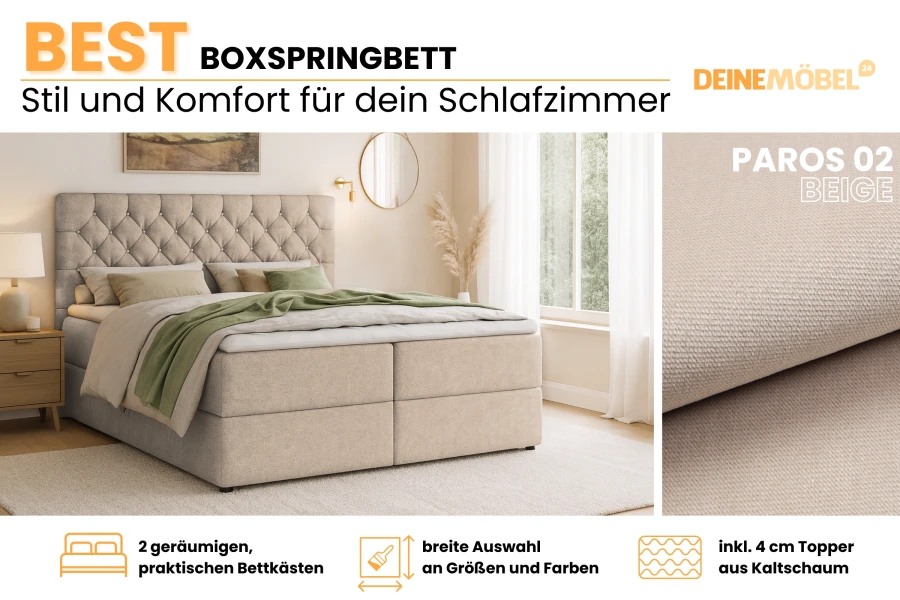 Boxspringbed Paros 02 beige met bedbak, koudschuimtopper en overzicht van verschillende maten.