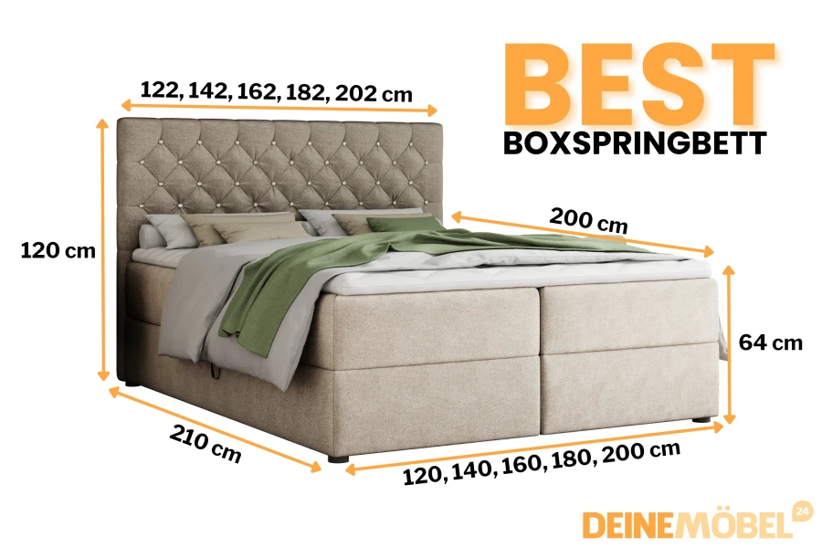 Gedetailleerde maten en afmetingen voor het boxspringbed: breedtes van 120 cm tot 200 cm beschikbaar.