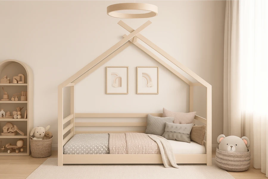 Hell gestaltetes Kinderzimmer mit einem Hausbett aus Holz und Dekoration.