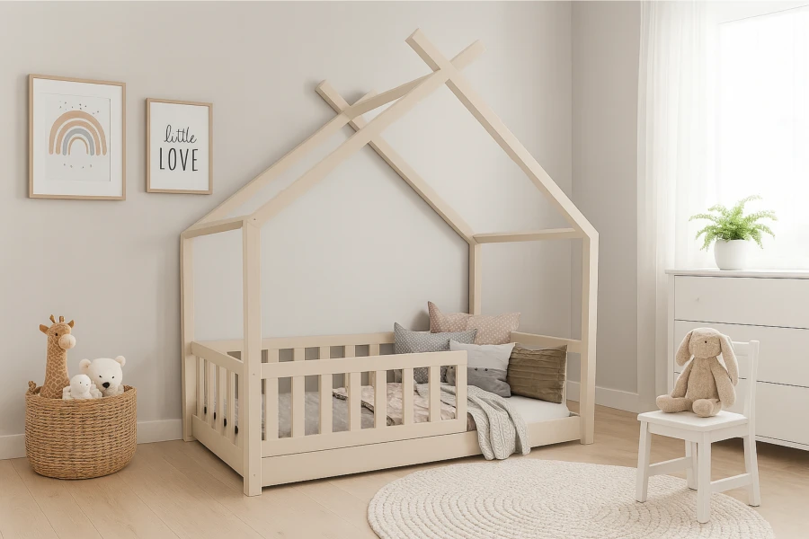Skandinavisches Kinderzimmer mit weißem Hausbett aus Holz und Deko