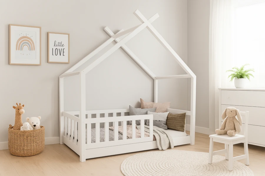 Helles Kinderzimmer mit weißem Tipi-Hausbett aus Holz, Teppich und kinderfreundlicher Dekoration.