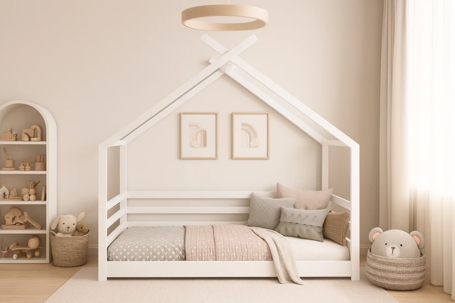 Weißes Tipi-Hausbett für Kinder in einem hellen, skandinavisch eingerichteten Zimmer.