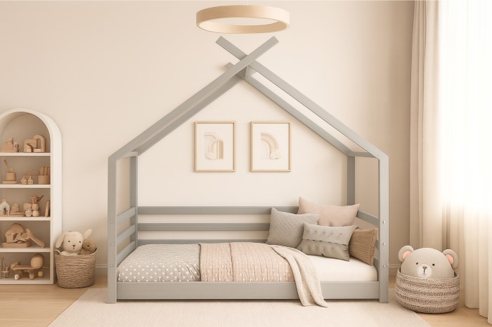 Gemütliches graues Tipi-Bett für Kleinkinder in einem modern eingerichteten, hellen Kinderzimmer.