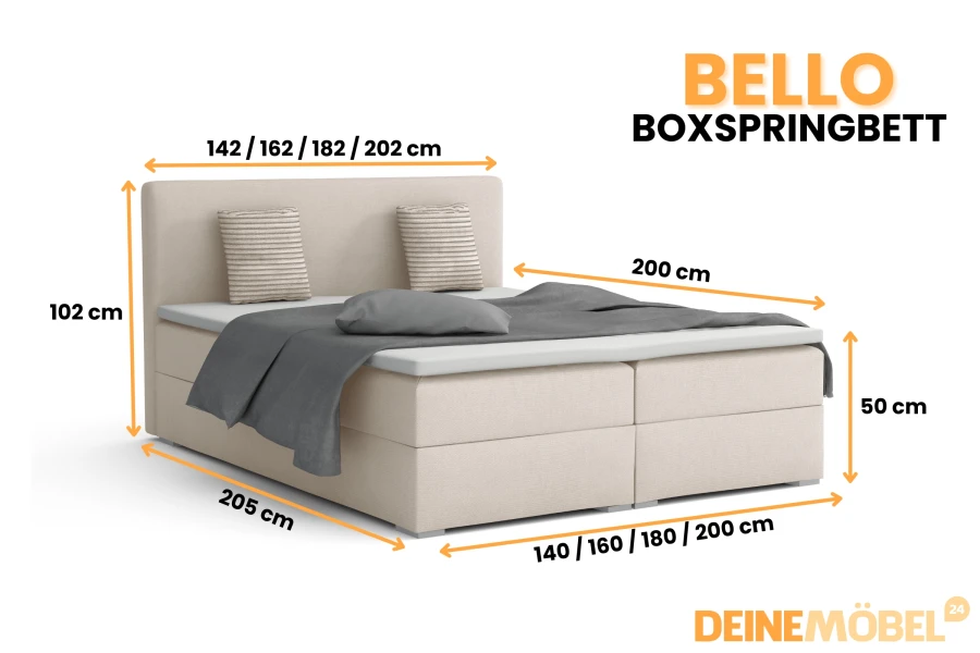 Bello box spring bed dimensions: various sizes from 140 to 200 cm wide, lying height 50 cm.
