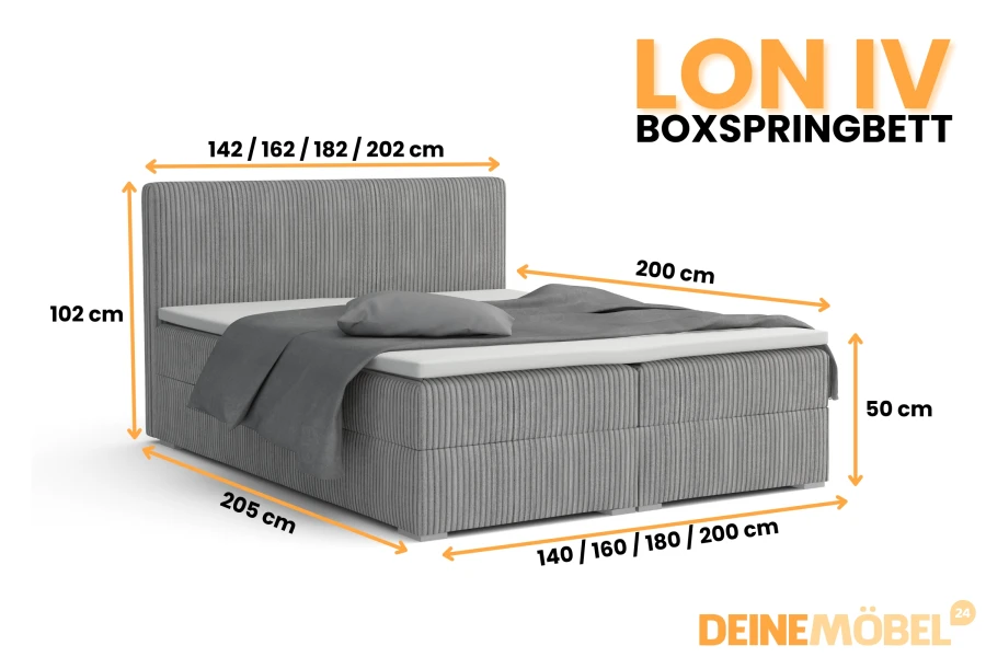 Afmetingen voor het boxspringbed Lon IV: breedtes 140cm tot 200cm, hoogte 102cm.
