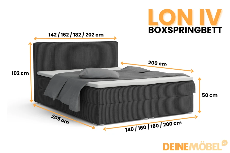 Gedetailleerde afmetingen van het LON IV boxspringbed: breedte 140-200 cm, hoogte 102 cm, lighoogte 50 cm, diepte 205 cm.