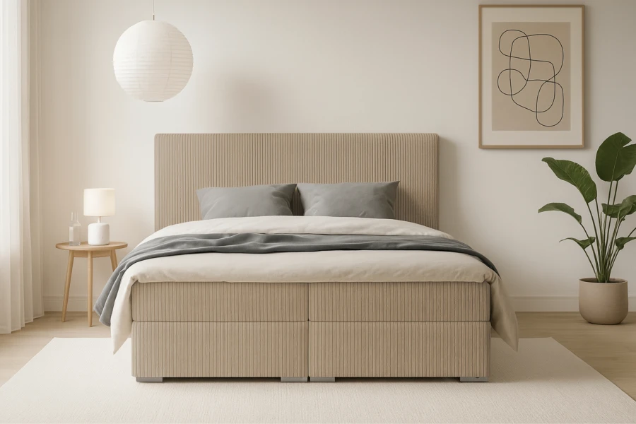 Vorderansicht des Boxspringbetts LON IV in Beige aus Cord für ein stilvolles Schlafzimmer.