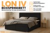 Infographic van het boxspringbed LON IV met details over bedbakken, topper en kleurkeuze.