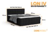 Zwart boxspringbed LON IV met gedetailleerde afmetingen voor breedte, lengte en hoogte van het ligoppervlak.