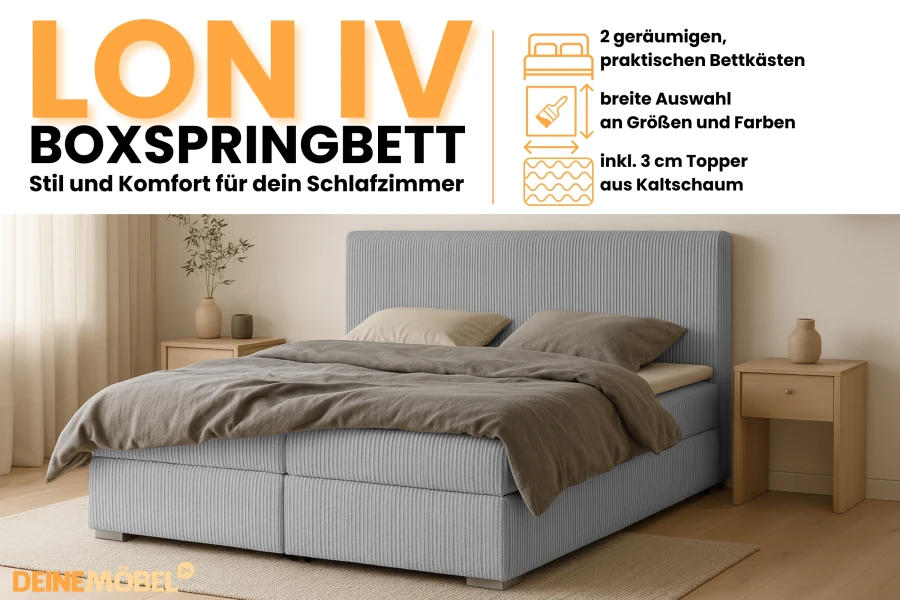 LON IV boxspringbed infographic met details over opbergboxen, kleurkeuze en koudschuimtopper.