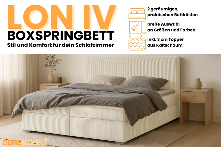 Infographic van het boxspringbed LON IV met highlights zoals de bedbak en 3 cm koudschuim-topper.