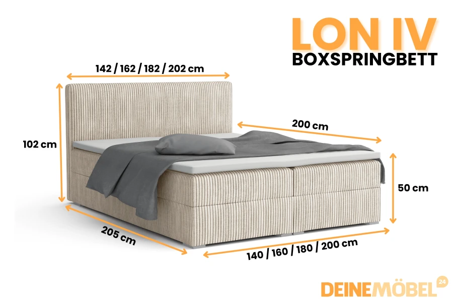 Afmetingen van het Lon IV boxspringbed met verschillende breedtes en hoogtes.