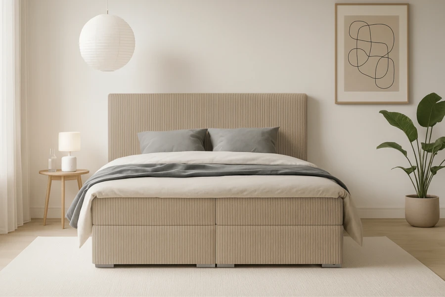 Front view of a beige boxspring bed in a modernly furnished bedroom with a houseplant.