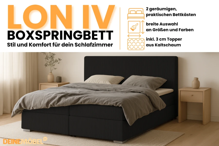 Infographic over het LON IV boxspringbed with details over bedbakken en koudschuim-topper.