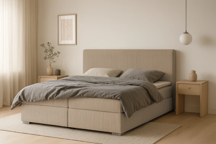 Einladendes Schlafzimmer-Design mit stilvollem Boxspringbett in Cordoptik.