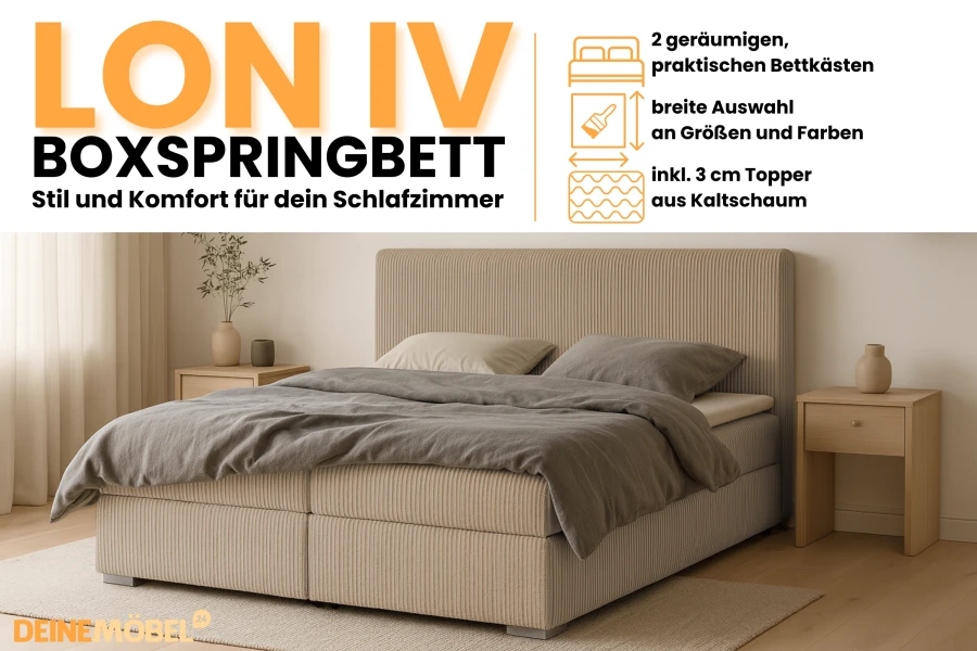 Lon IV Boxspringbett Infografik mit Details zu Stauraum, Komfort und Design.