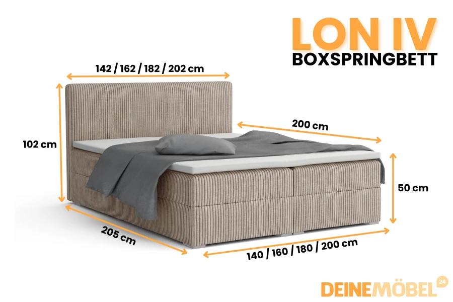 Maße Boxspringbett LON IV: Übersicht der verschiedenen Größen und Liegeflächen von 140 bis 200 cm.