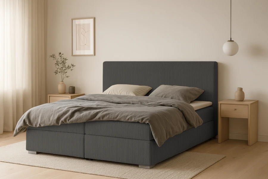 Einladendes Schlafzimmer mit einem Boxspringbett in dunkelgrauer Cord-Optik.