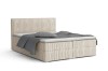 Hellbeige Boxspringbett in Cord-Optik mit grauem Bettzeug auf weißem Grund.
