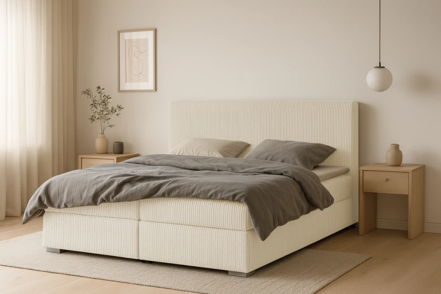 Beiges Boxspringbett mit Cord-Bezug und grauer Bettwäsche in modernem Schlafzimmer.