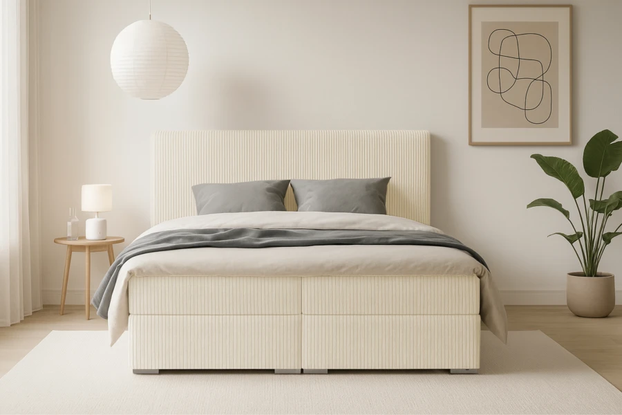 Frontalansicht eines beigen Boxspringbetts aus Cord in einem hellen, modernen Schlafzimmer.