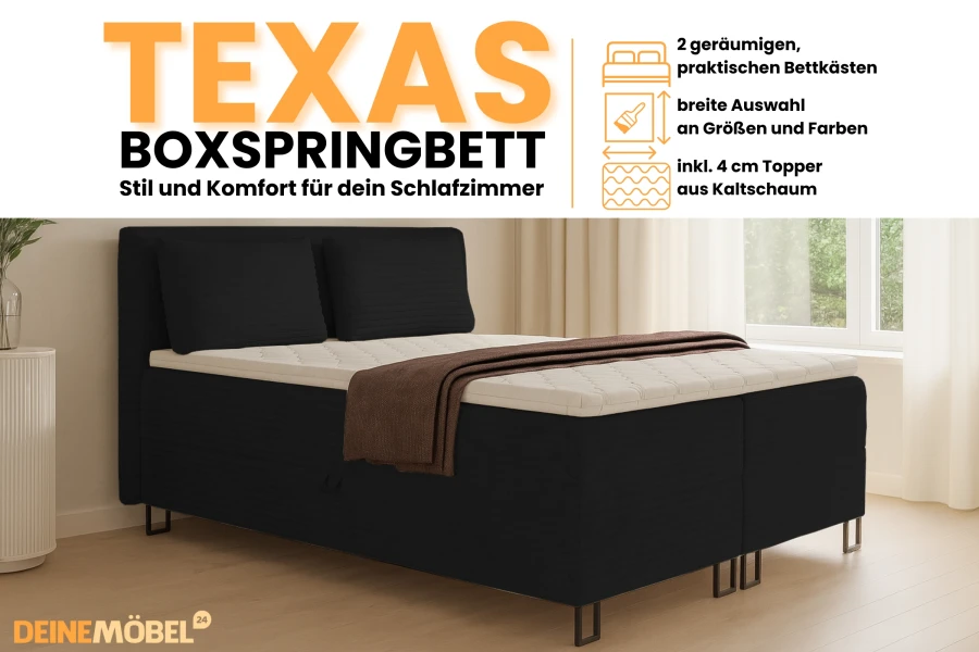Modern boxspringbed Texas in zwart met twee opbergbakken voor de slaapkamer.