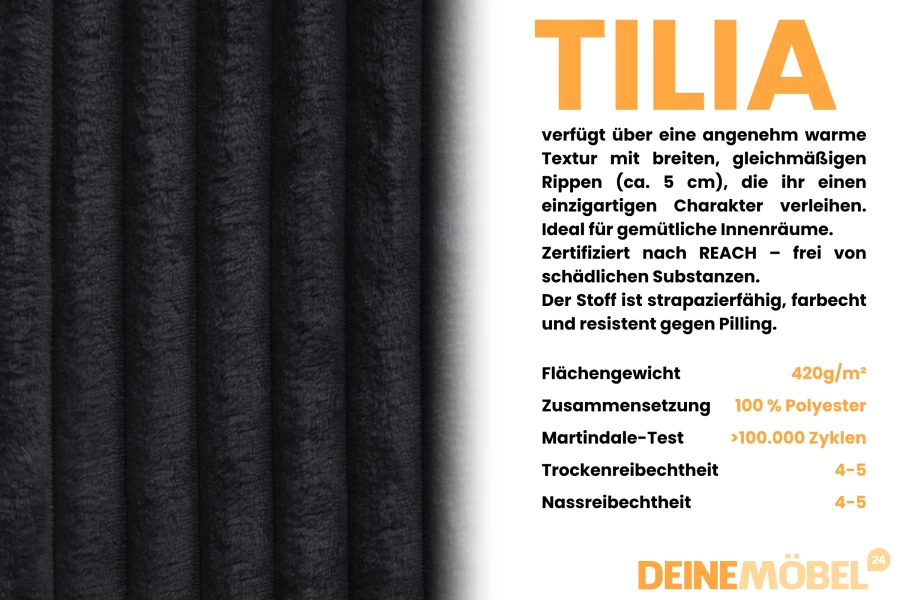 Detailopname van de zwarte Tilia-stof in corduroy-optiek met ribbelstructuur voor meubels.