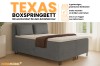 Infographic over het boxspringbed Texas met kenmerken zoals opbergruimtes, topper en verschillende maten.