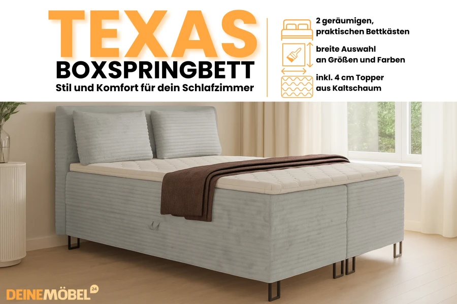 Texas boxspringbed infographic: Highlights zoals opbergruimtes, kleurkeuze en koudschuim-topper.
