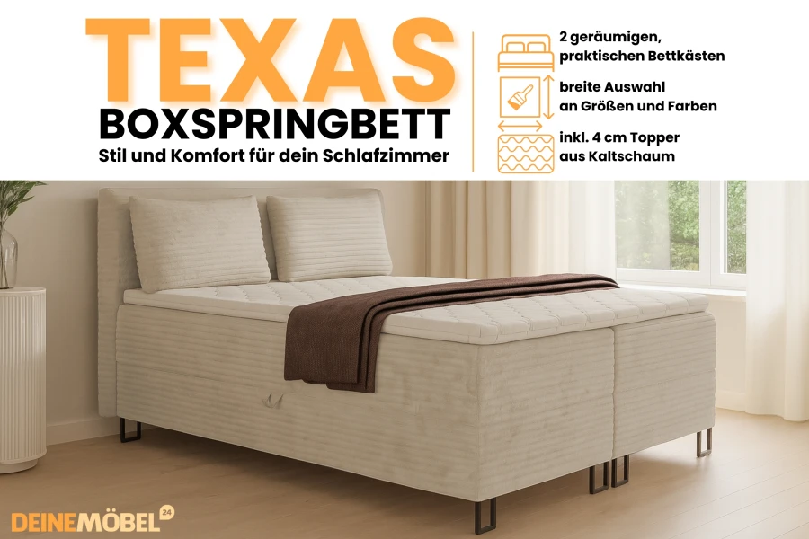 Texas box spring bed infographic: details on storage boxes, colour selection and included 4 cm topper.