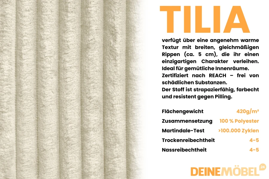 Detailopname Tilia corduroy stof in beige: Hoogwaardige, zachte structuur voor moderne gestoffeerde meubels.