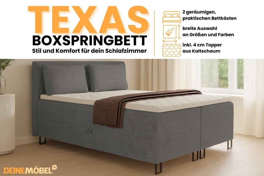 Texas box spring bed infographic: Details on storage box, colour selection and cold foam topper.