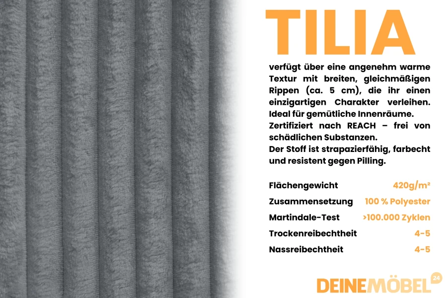 Eigenschappen van de TILIA corduroy stof: Duurzaam polyester met 100.000 Martindale.